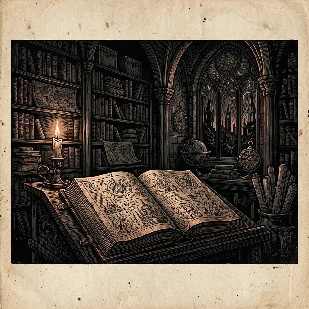open ancient folio on a reading desk - About Mystery Babylon Guide archival illustration