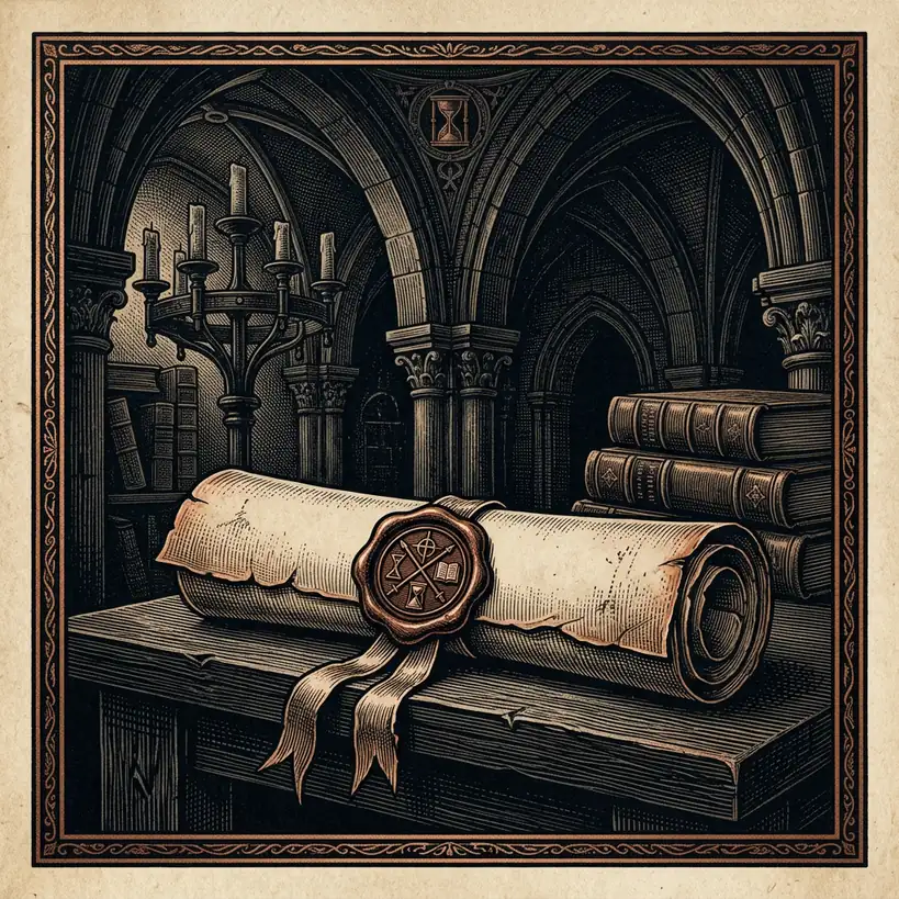 scrolled parchment manuscript with seal and ribbon — About Mystery Babylon Guide archival illustration
