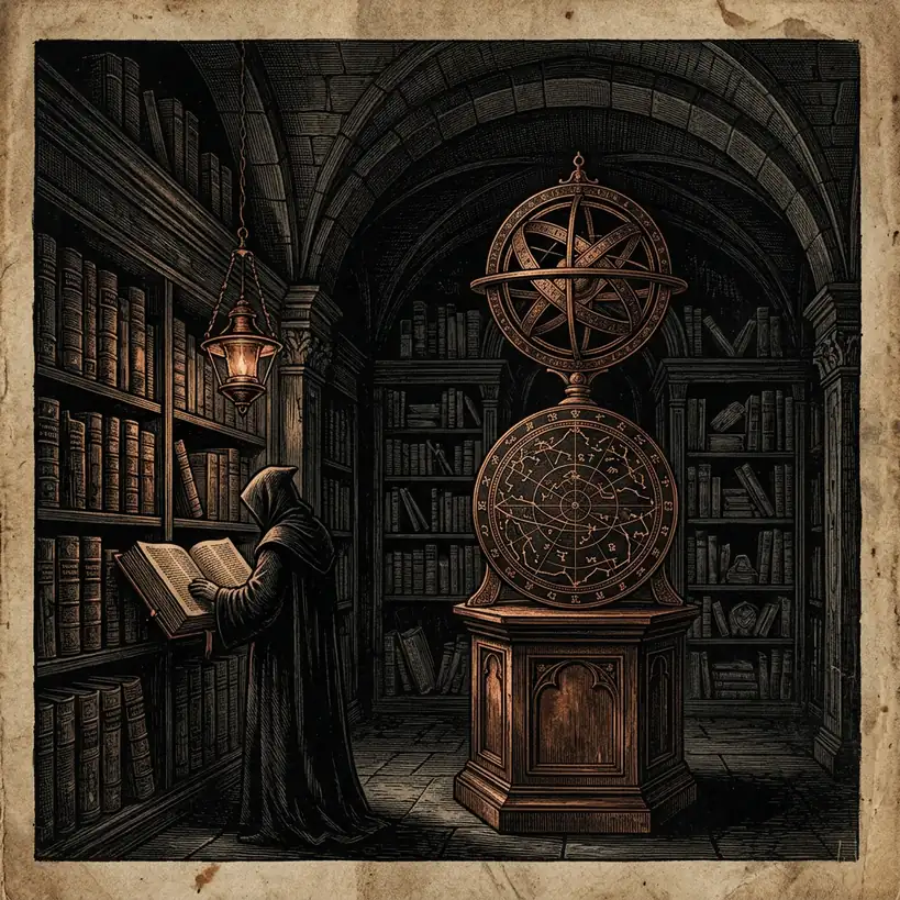 shelf of aged leather-bound volumes — About Mystery Babylon Guide archival illustration