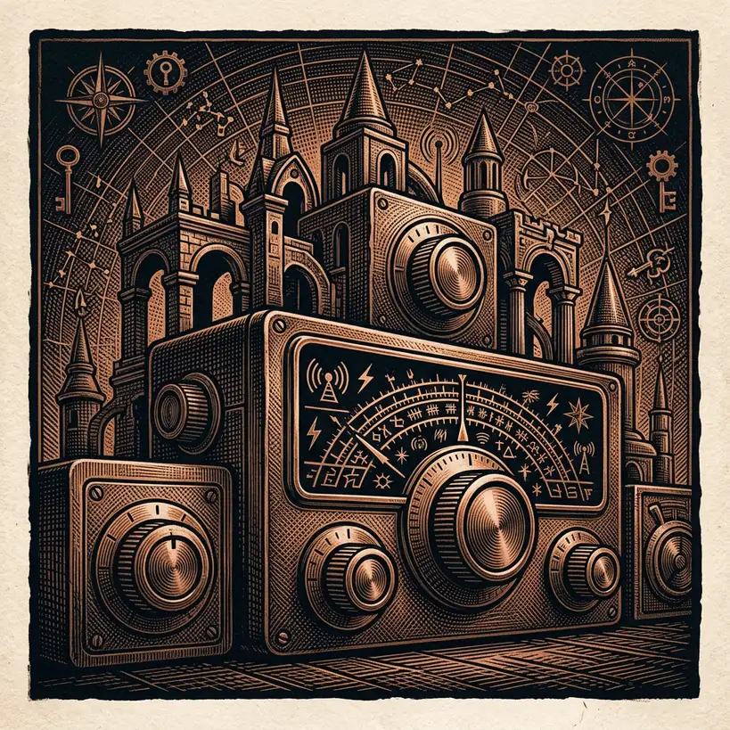 radio transmission equipment vintage 1990s shortwave dial — Mystery Babylon archival illustration