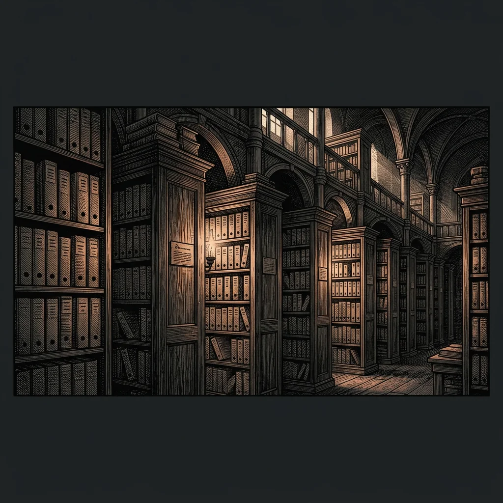 rows of numbered archival folders in a tall cabinet - Mystery Babylon archival illustration