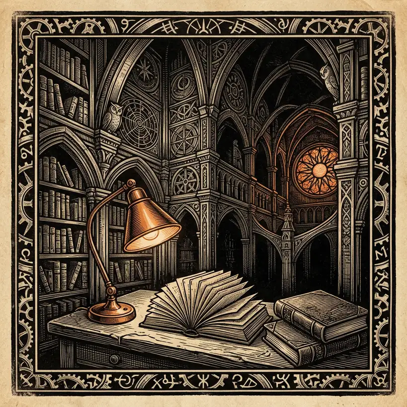 reference index cards fanned on research desk — Luciferian Doctrine and the New Age in t archival illustration