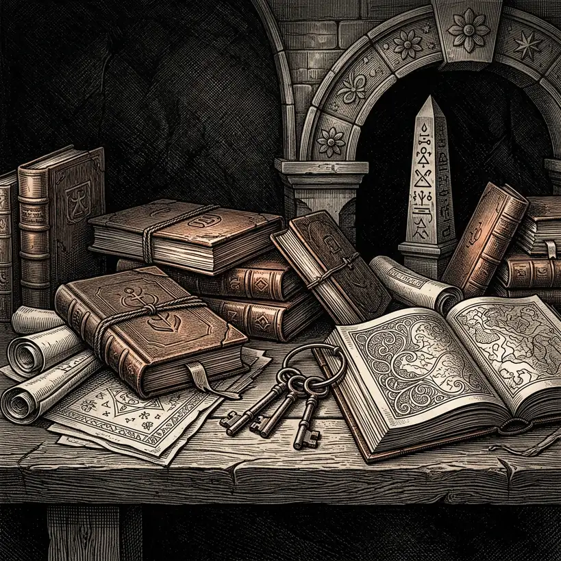 archival research overview: multiple folders and documents on dark table - Luciferian Doctrine and the New Age in t archival