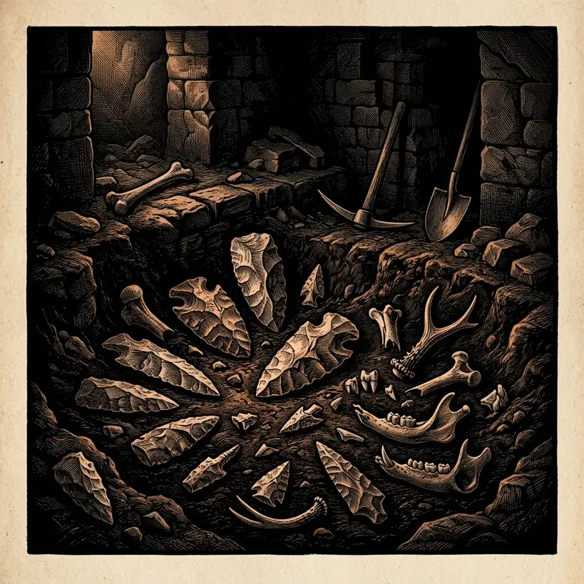 flint tools and animal bones on dark earth — Mystery Babylon episode 0 archival illustration