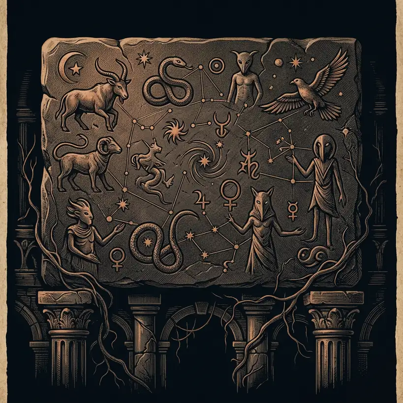 prehistoric star map carved in stone — Mystery Babylon episode 0 archival illustration