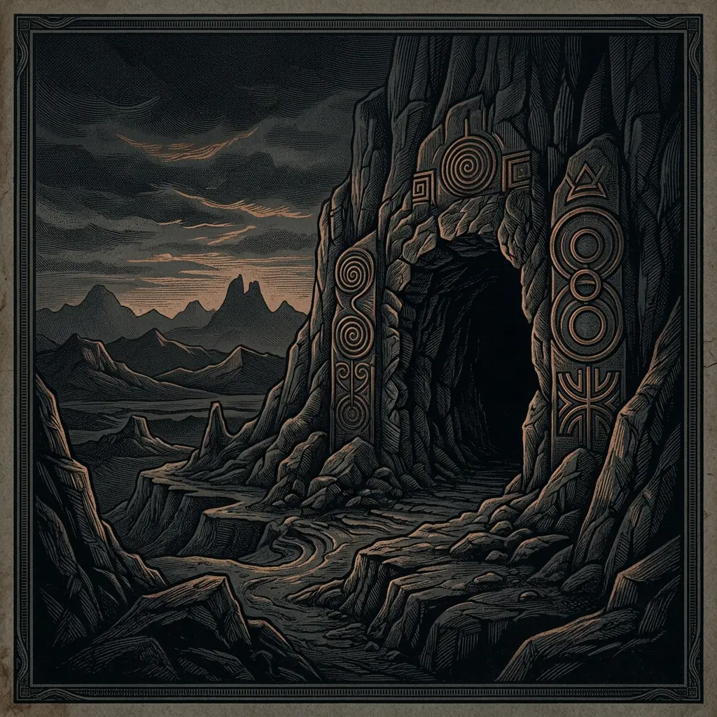primordial cave entrance at dawn - Mystery Babylon episode 0 archival illustration