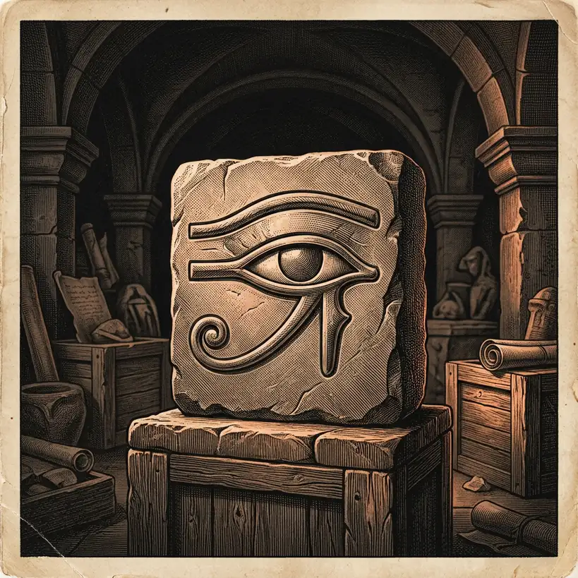 Eye of Horus carved in limestone block — Mystery Babylon episode 1 archival illustration