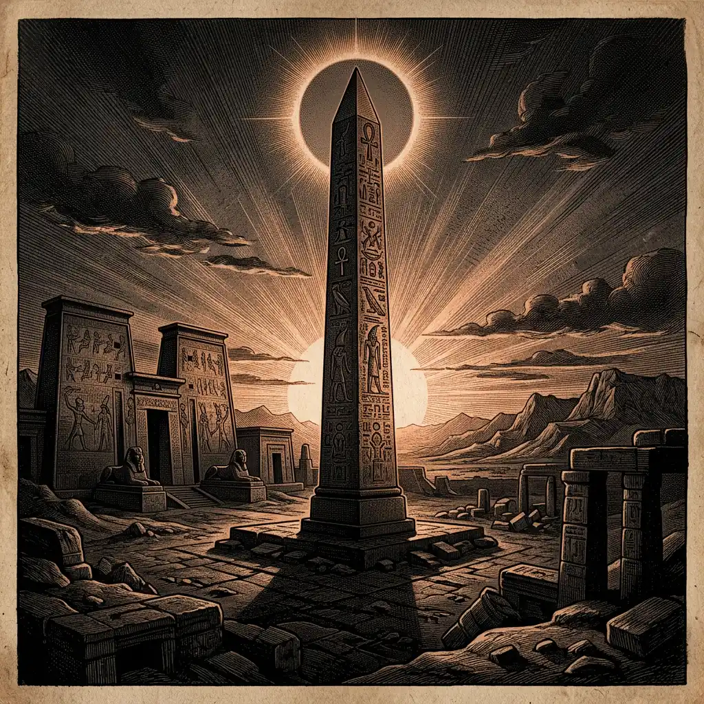 sun rising over ancient Egyptian obelisk at dawn - Mystery Babylon episode 1 archival illustration