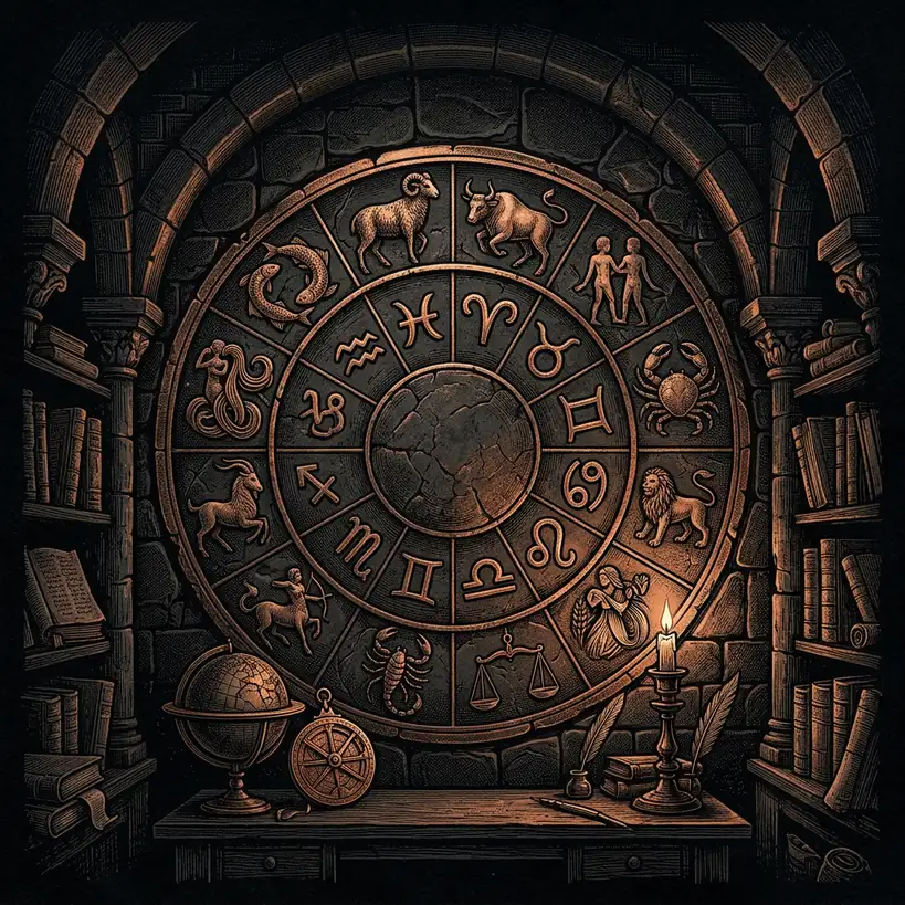 zodiac wheel with twelve signs engraved in stone — Mystery Babylon episode 1 archival illustration