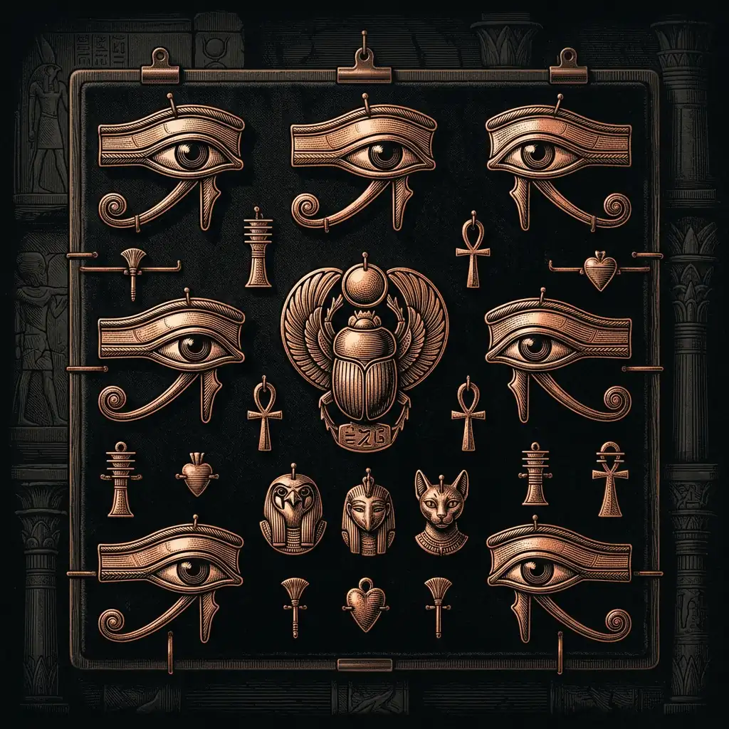 ancient Egyptian amulet collection on museum display board — Mystery Babylon episode 2 archival illustration
