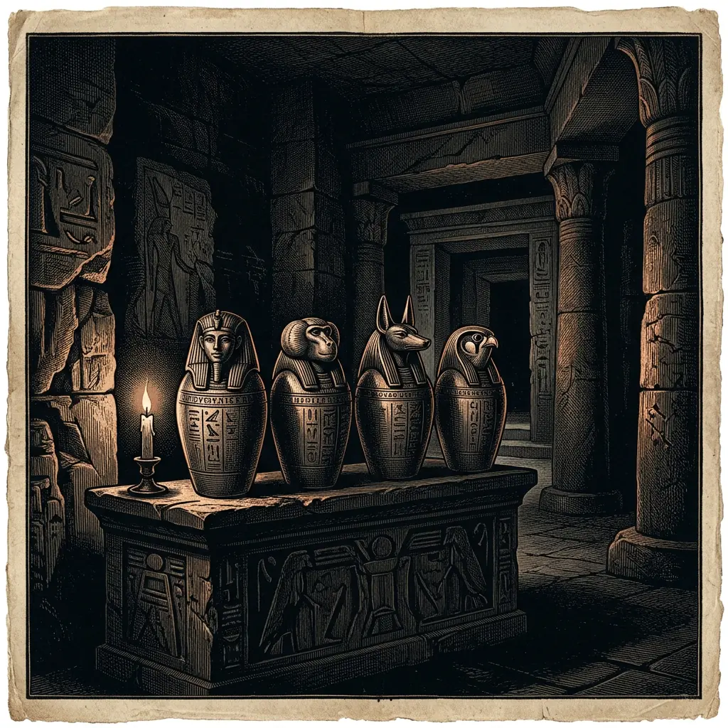 Egyptian canopic jars on a stone altar - Mystery Babylon episode 2 archival illustration