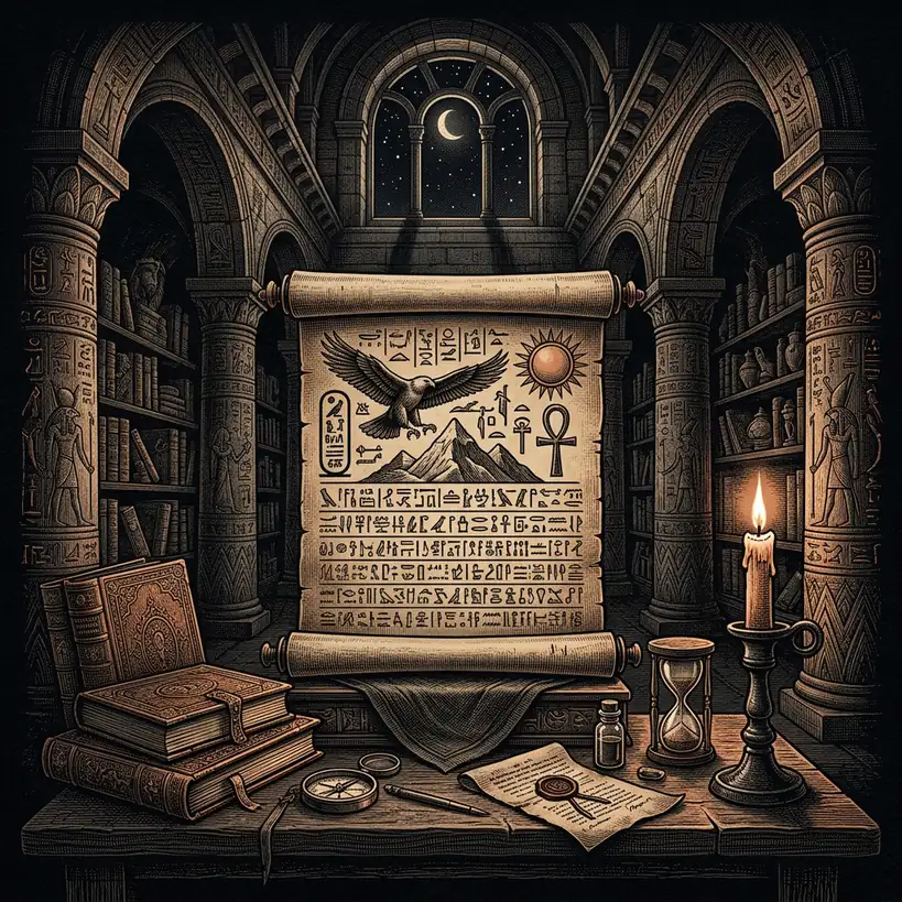 hieroglyph-covered papyrus unfurled on dark linen — Mystery Babylon episode 2 archival illustration