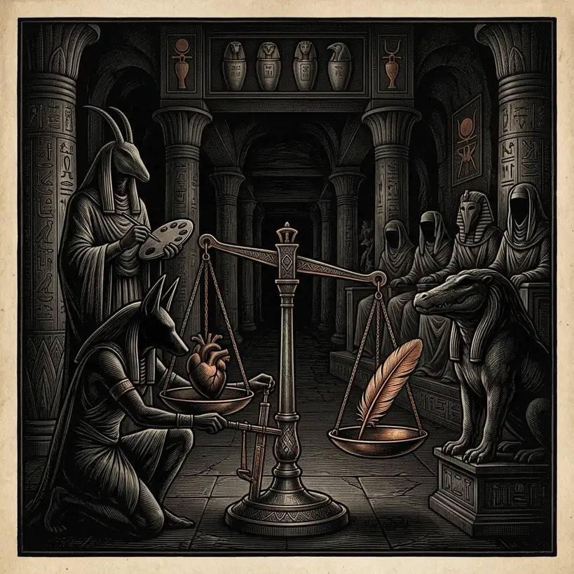 Egyptian weighing of the heart scene from Book of the Dead — Mystery Babylon episode 3 archival illustration
