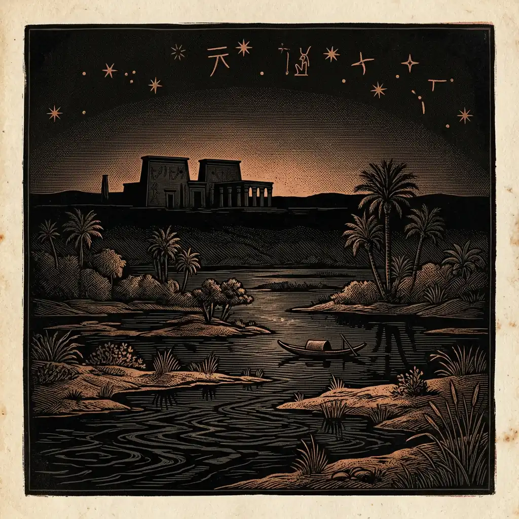 Nile flood plain in darkness with distant temple silhouette — Mystery Babylon episode 3 archival illustration