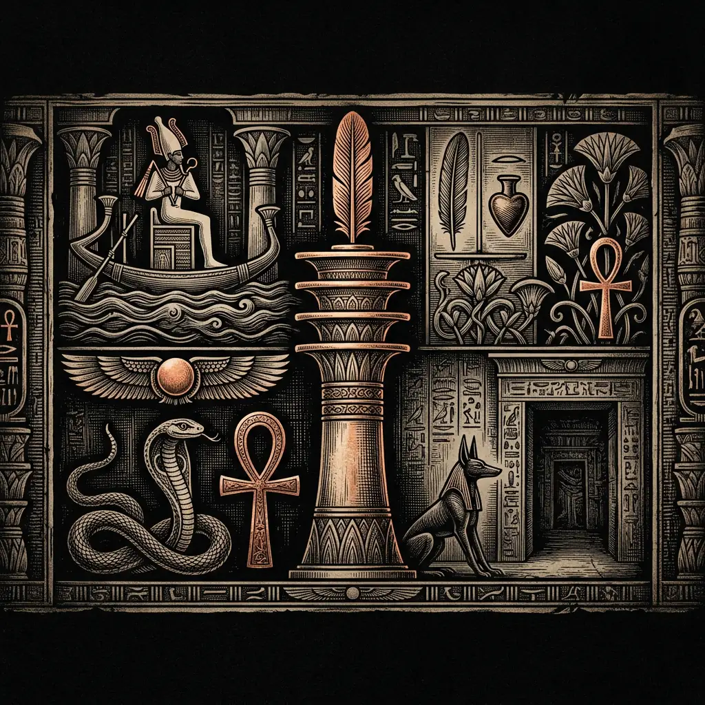 Osiris and Isis symbolic imagery: ankh - Mystery Babylon episode 3 archival illustration
