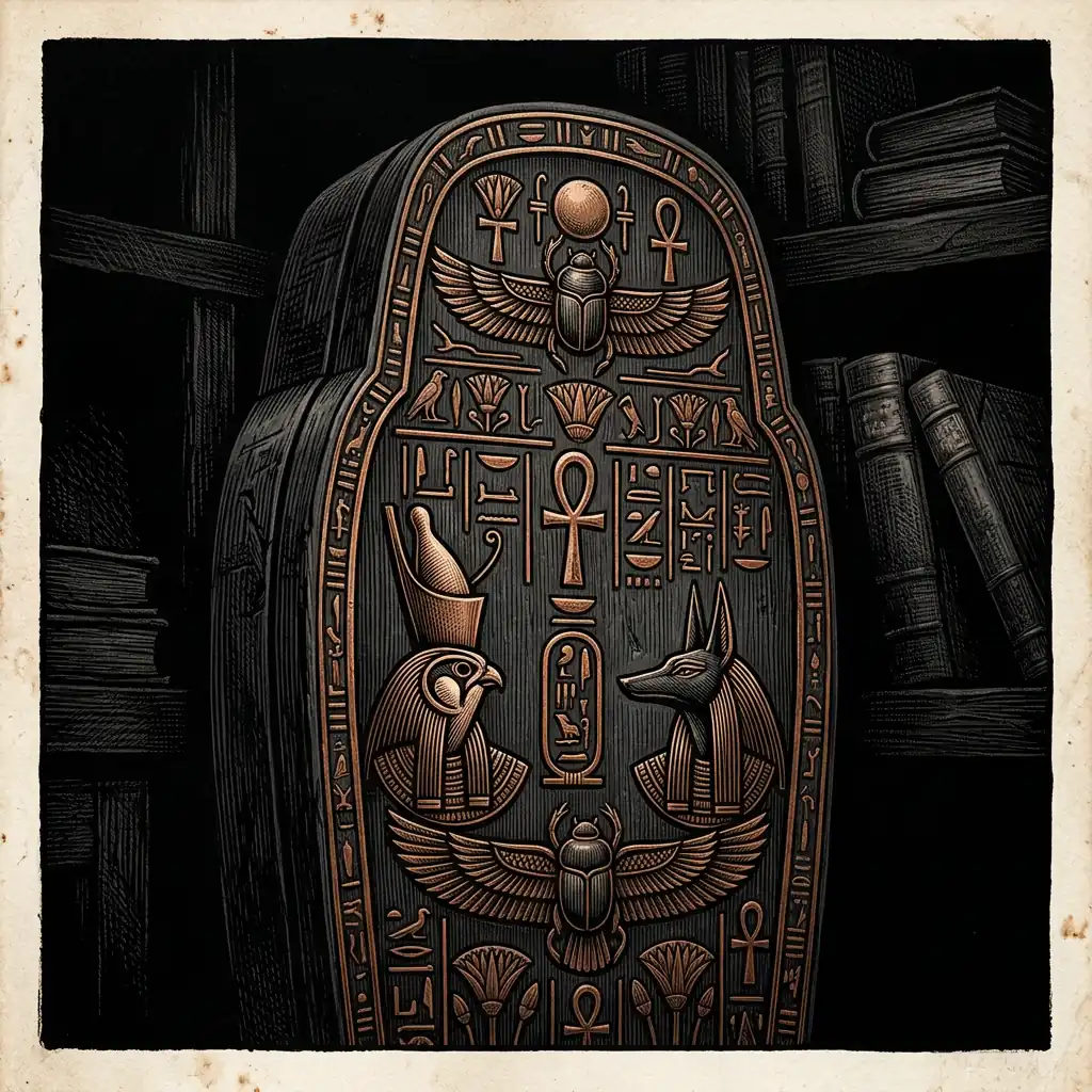 Egyptian sarcophagus lid with painted imagery — Mystery Babylon episode 4 archival illustration