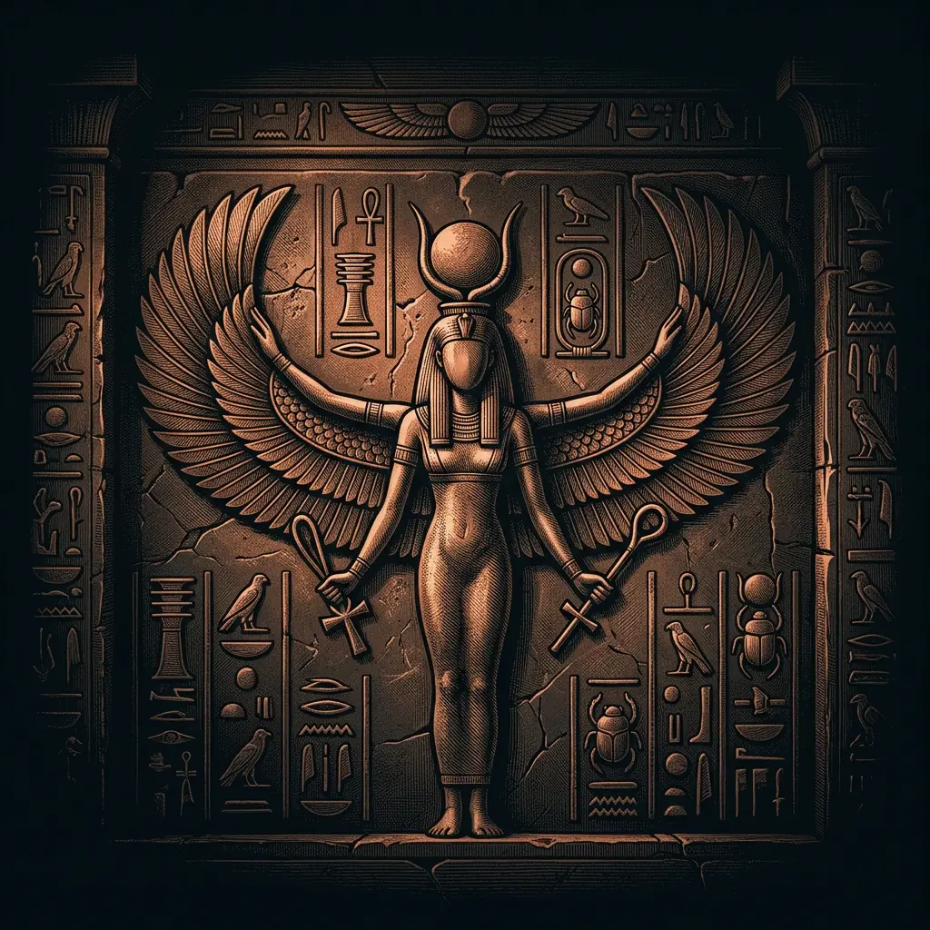 Isis winged goddess hieroglyphic relief carving - Mystery Babylon episode 4 archival illustration