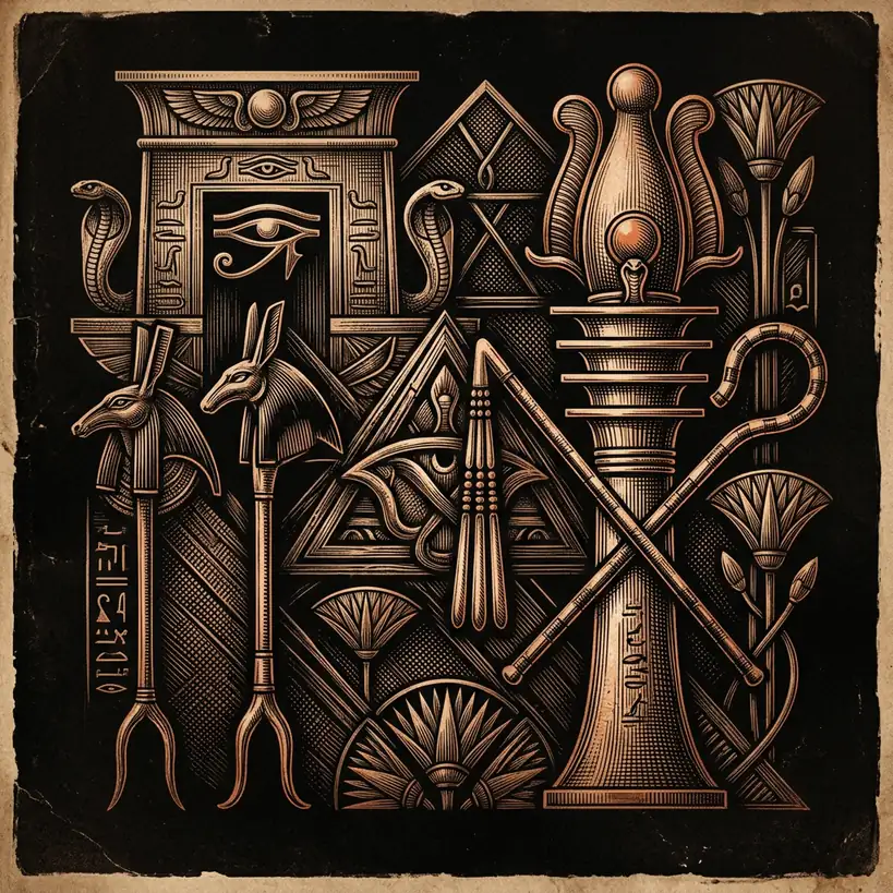 Set and Osiris mythological symbols: was-scepter — Mystery Babylon episode 4 archival illustration