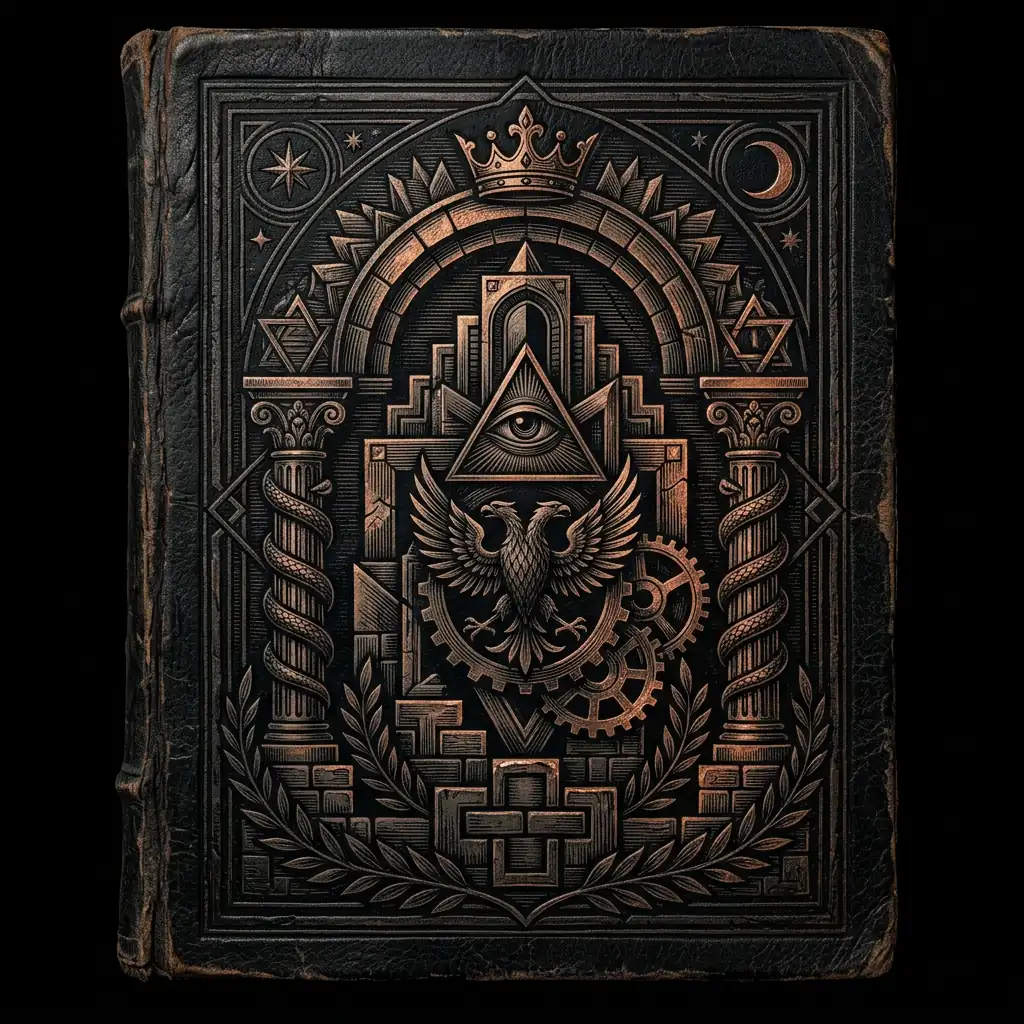 Albert Pike Morals and Dogma book cover aged leather — Mystery Babylon episode 5 archival illustration