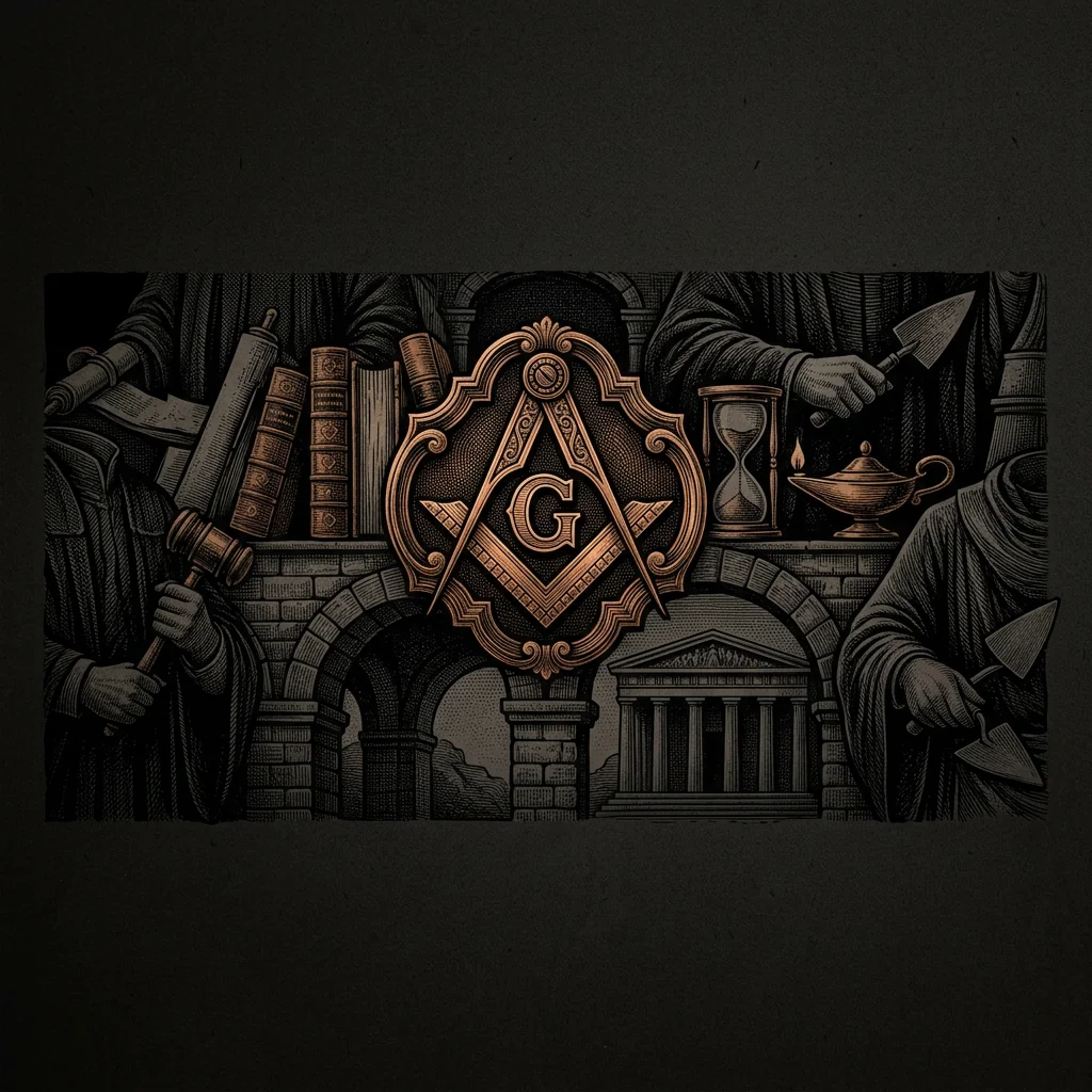 Masonic square and compass emblem in engraved brass - Mystery Babylon episode 5 archival illustration