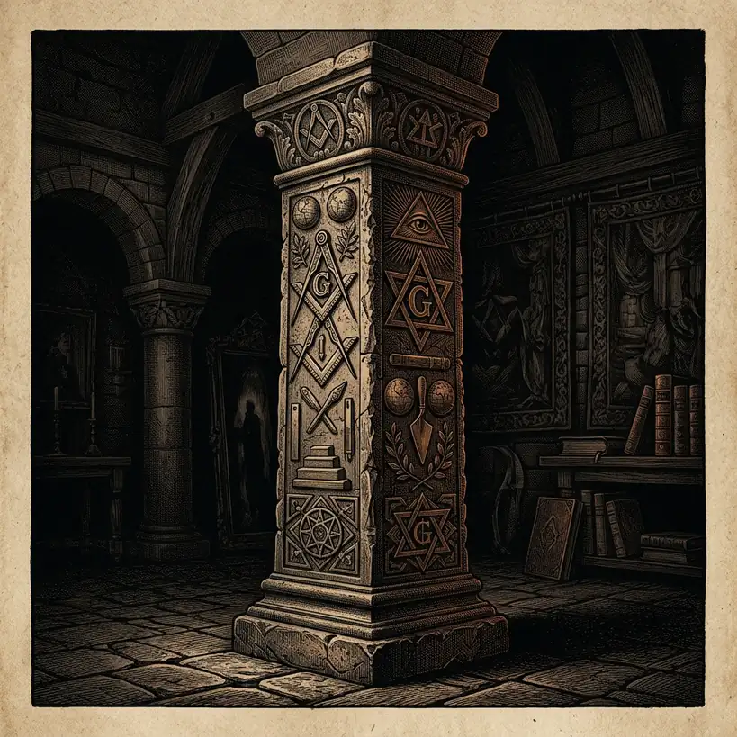 stone pillar with carved symbols from a Masonic lodge interior — Mystery Babylon episode 5 archival illustration