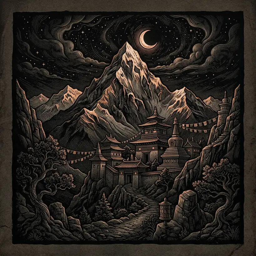 Himalayan mountain peak at night — Mystery Babylon episode 6 archival illustration