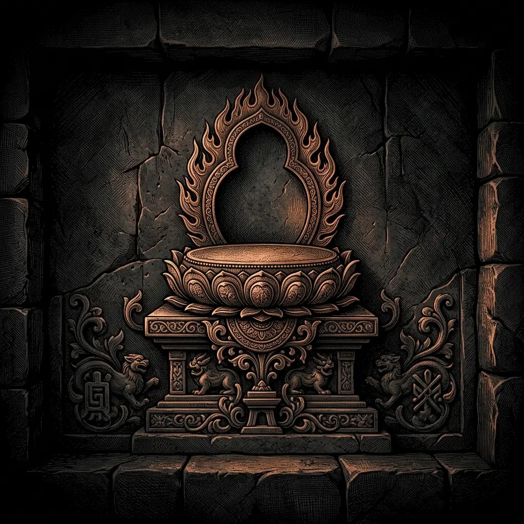 Maitreya lotus throne symbol on dark stone relief - Mystery Babylon episode 6 archival illustration