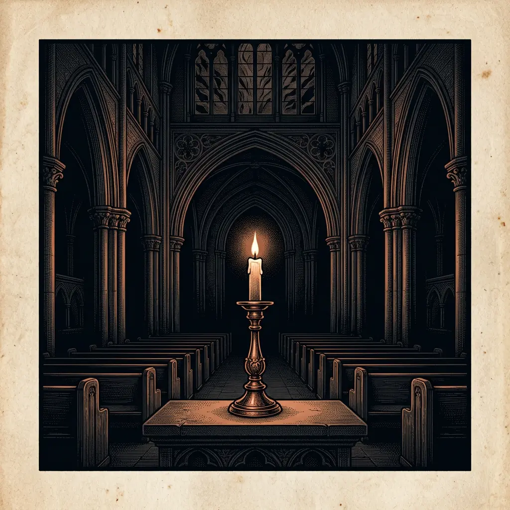 cathedral interior at night — Mystery Babylon episode 7 archival illustration