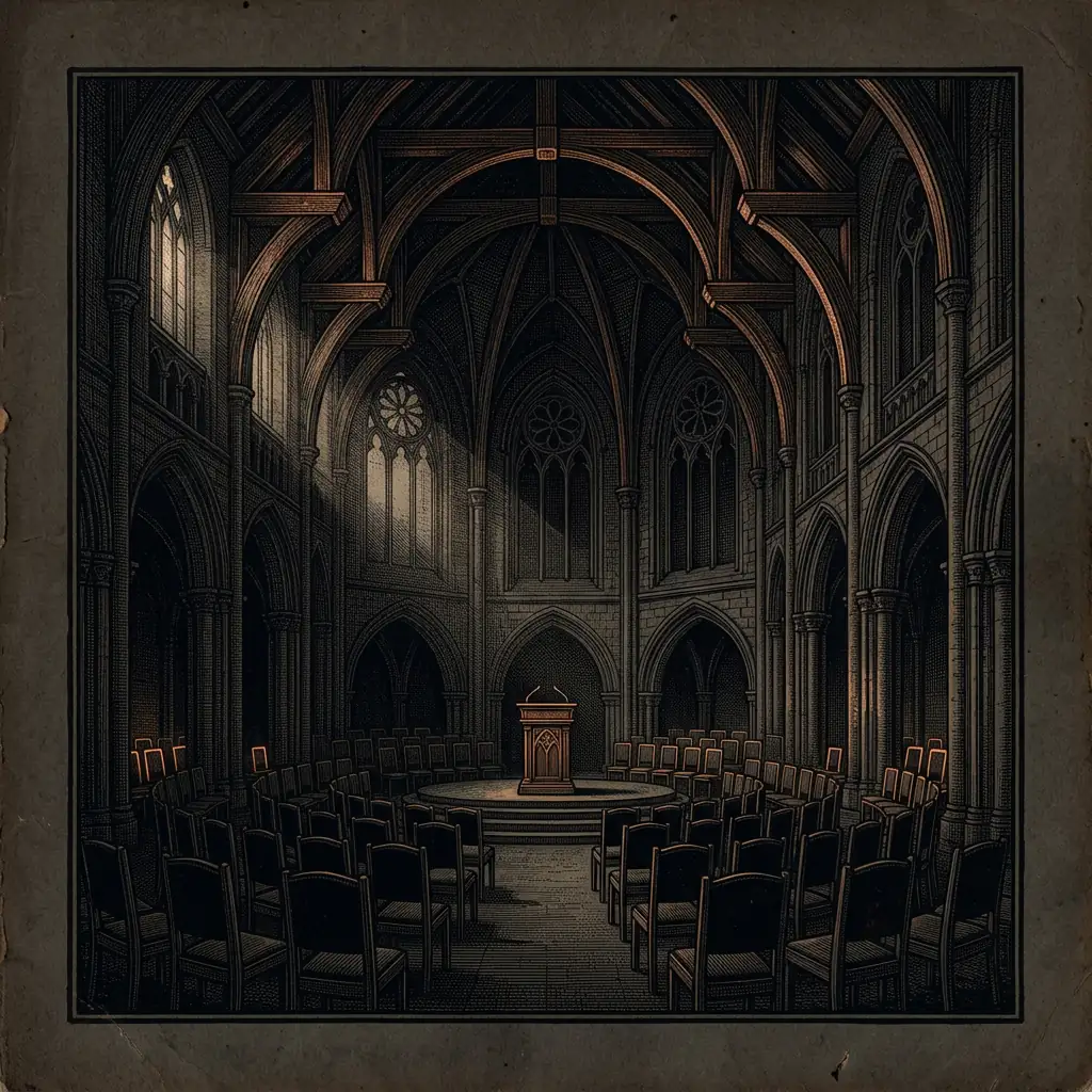 ecumenical assembly hall abstract — Mystery Babylon episode 7 archival illustration