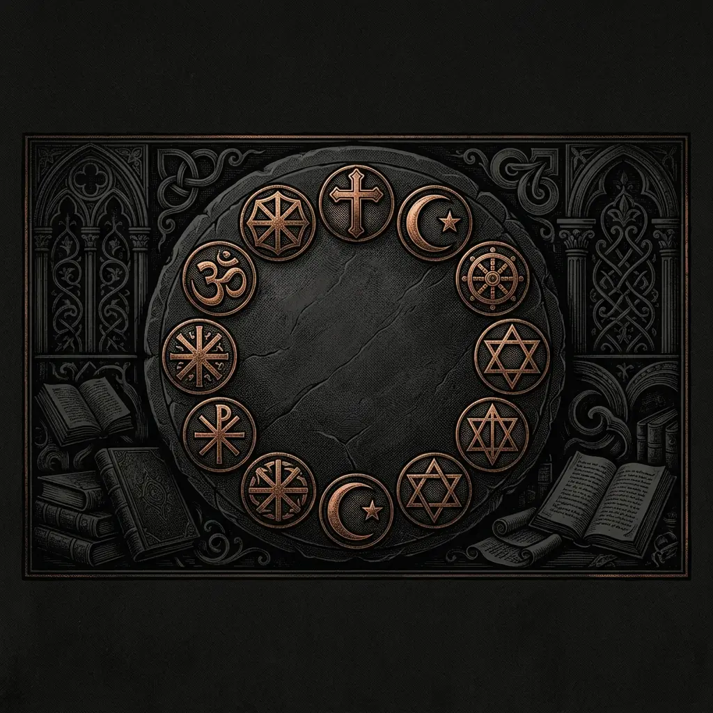 interfaith symbols arranged in a circle on dark stone: cross - Mystery Babylon episode 7 archival illustration