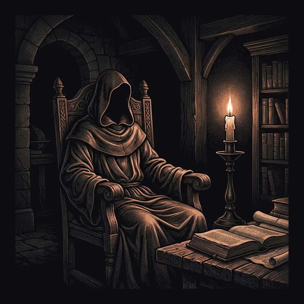 hooded robe draped over an empty chair in candlelight — Mystery Babylon episode 8 archival illustration