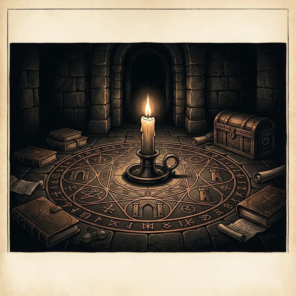 initiation candle in a darkened chamber - Mystery Babylon episode 8 archival illustration