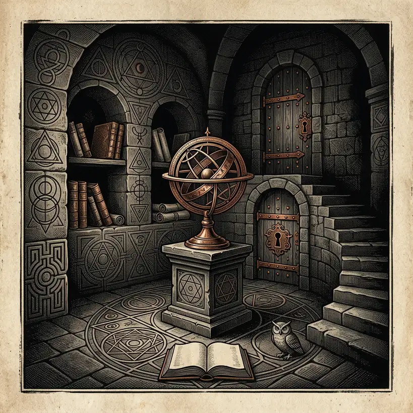 ancient initiation chamber with geometric stone carvings — Mystery Babylon episode 8 archival illustration