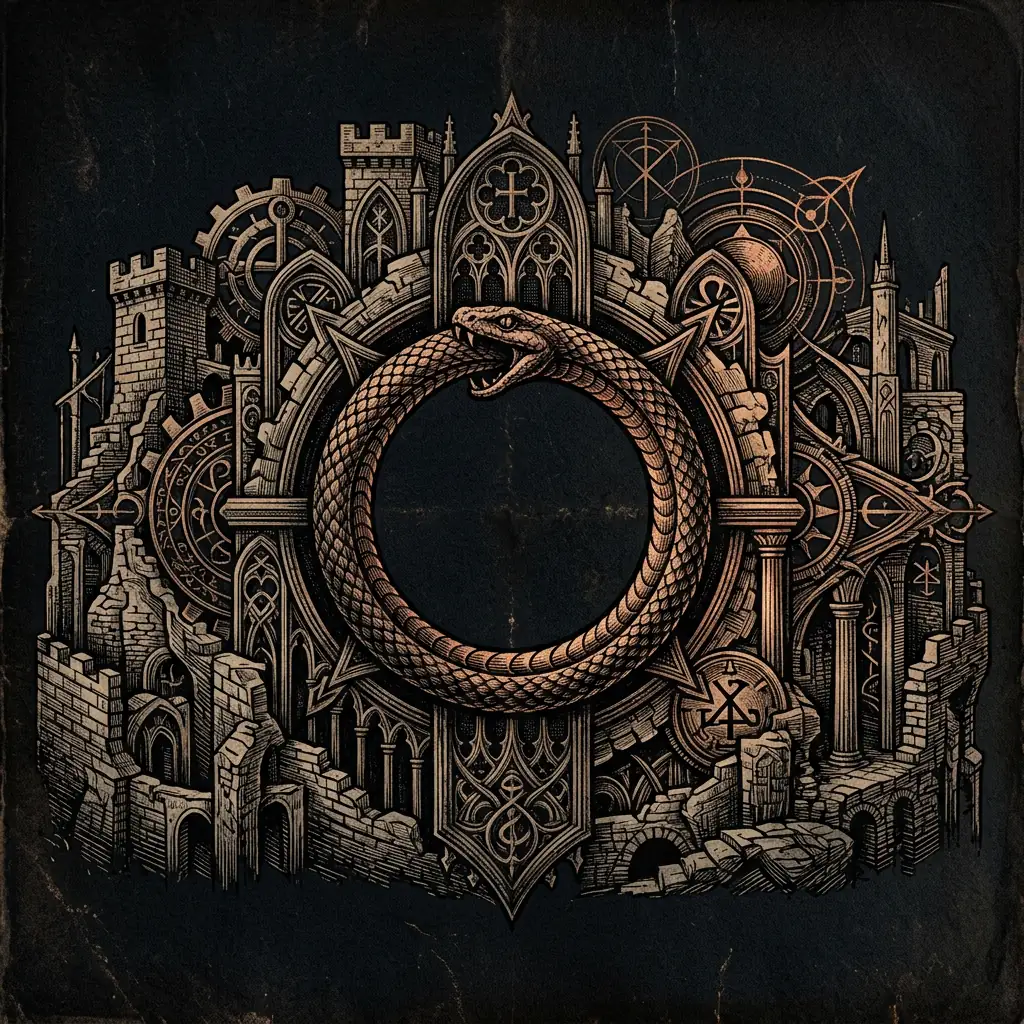 Gnostic demiurge symbol: serpent biting its tail - Mystery Babylon episode 9 archival illustration