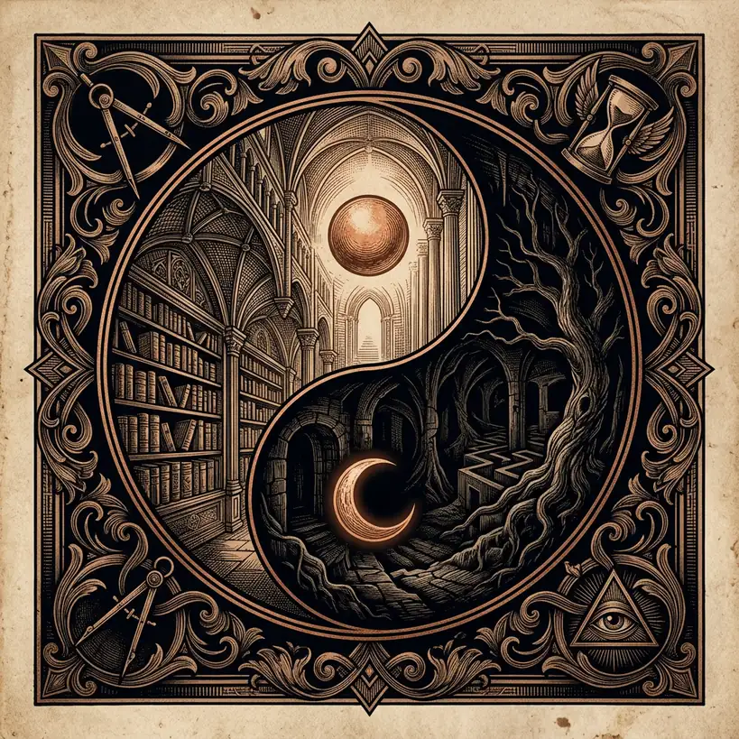 light-and-darkness duality symbol — Mystery Babylon episode 9 archival illustration