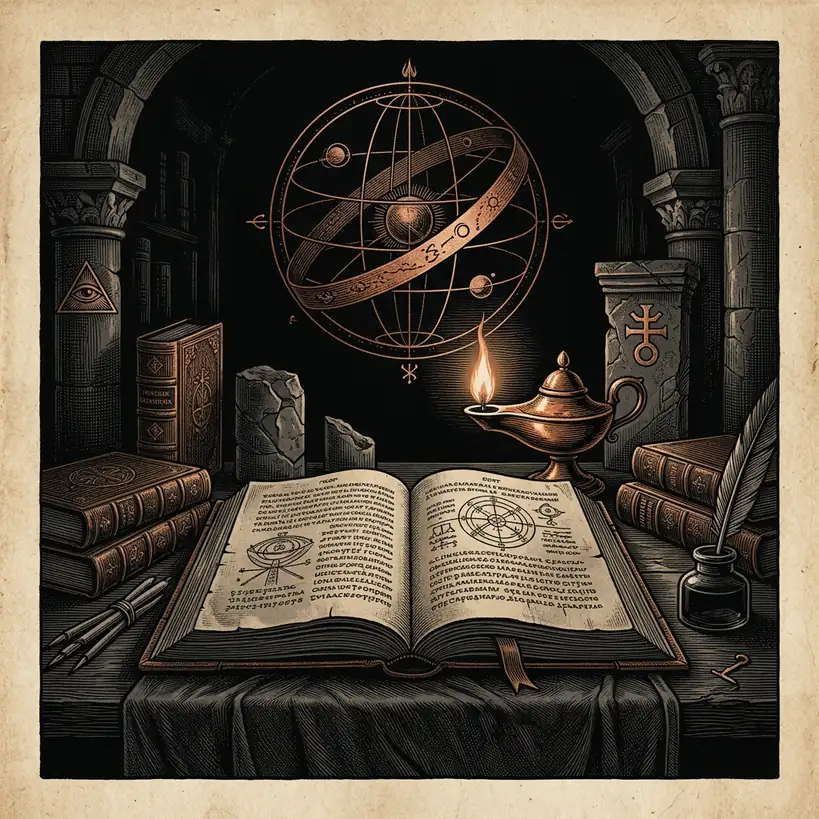 Nag Hammadi codex open on dark linen — Mystery Babylon episode 9 archival illustration