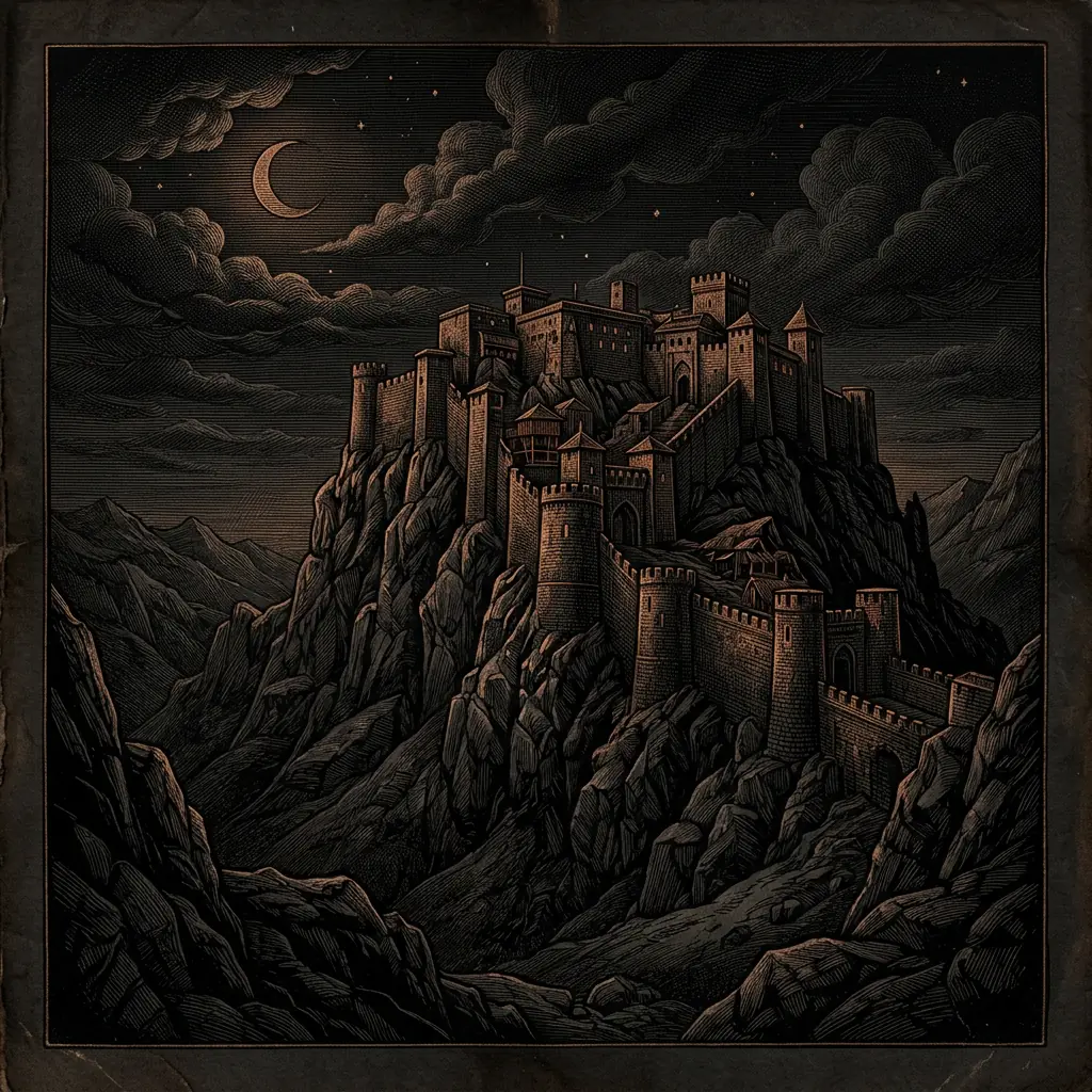 fortress of Alamut mountain citadel on rocky peak - Mystery Babylon episode 10 archival illustration