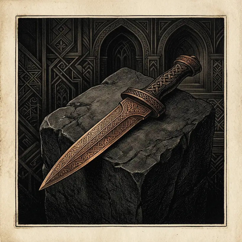Ismaili assassin dagger on dark stone — Mystery Babylon episode 10 archival illustration