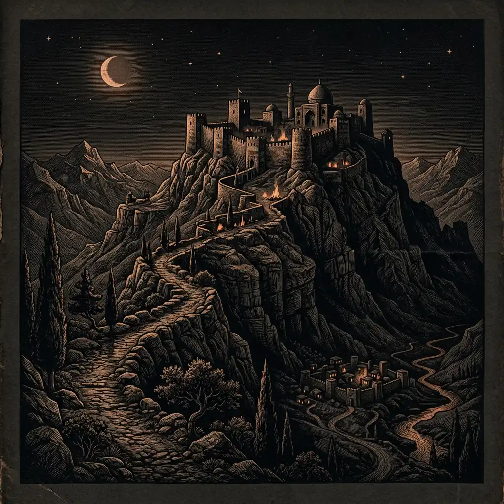 Persian mountain landscape at night — Mystery Babylon episode 10 archival illustration