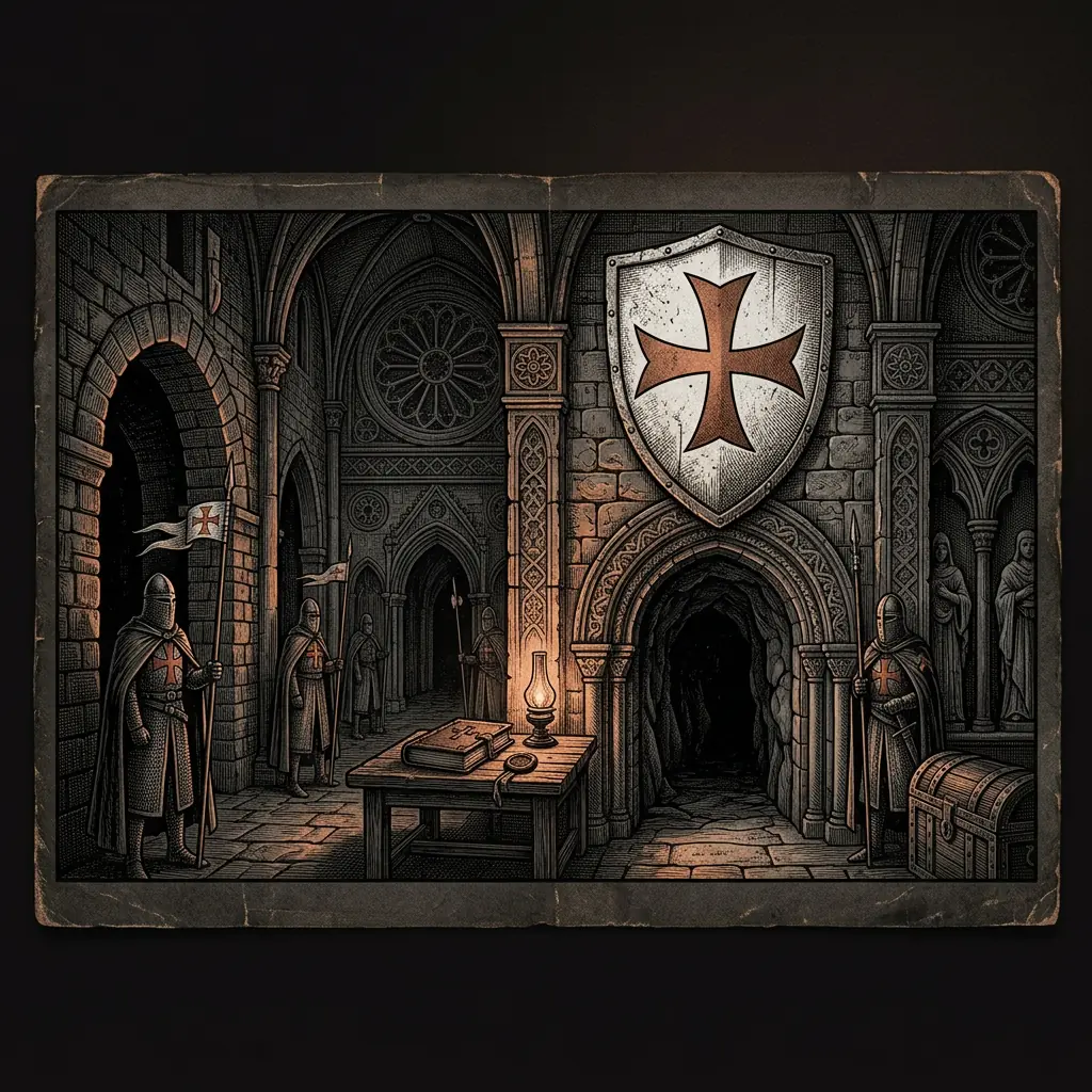Knights Templar red cross on white shield - Mystery Babylon episode 11 archival illustration