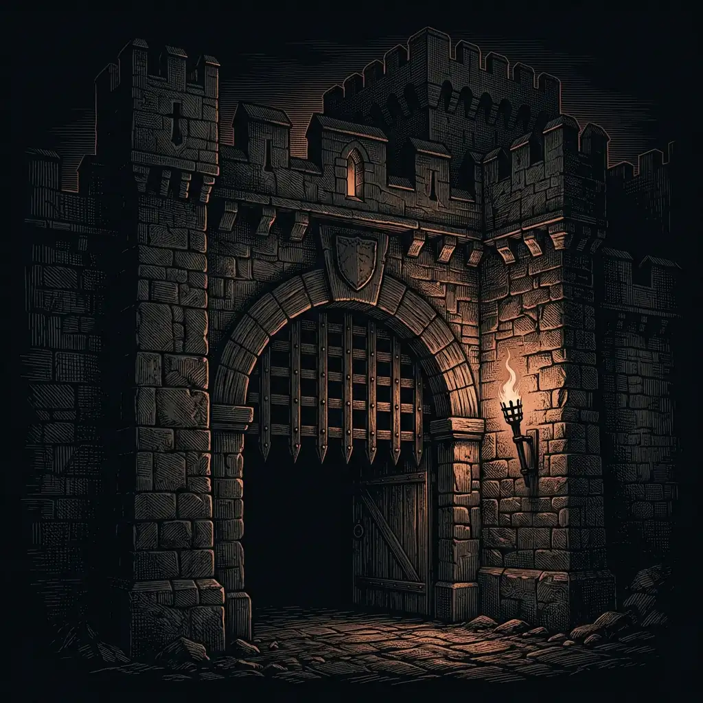 medieval fortress gate with portcullis — Mystery Babylon episode 11 archival illustration