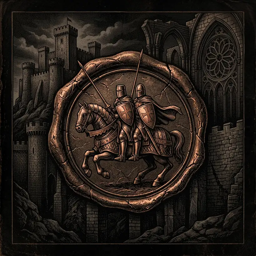 Templar seal: two knights on one horse — Mystery Babylon episode 11 archival illustration