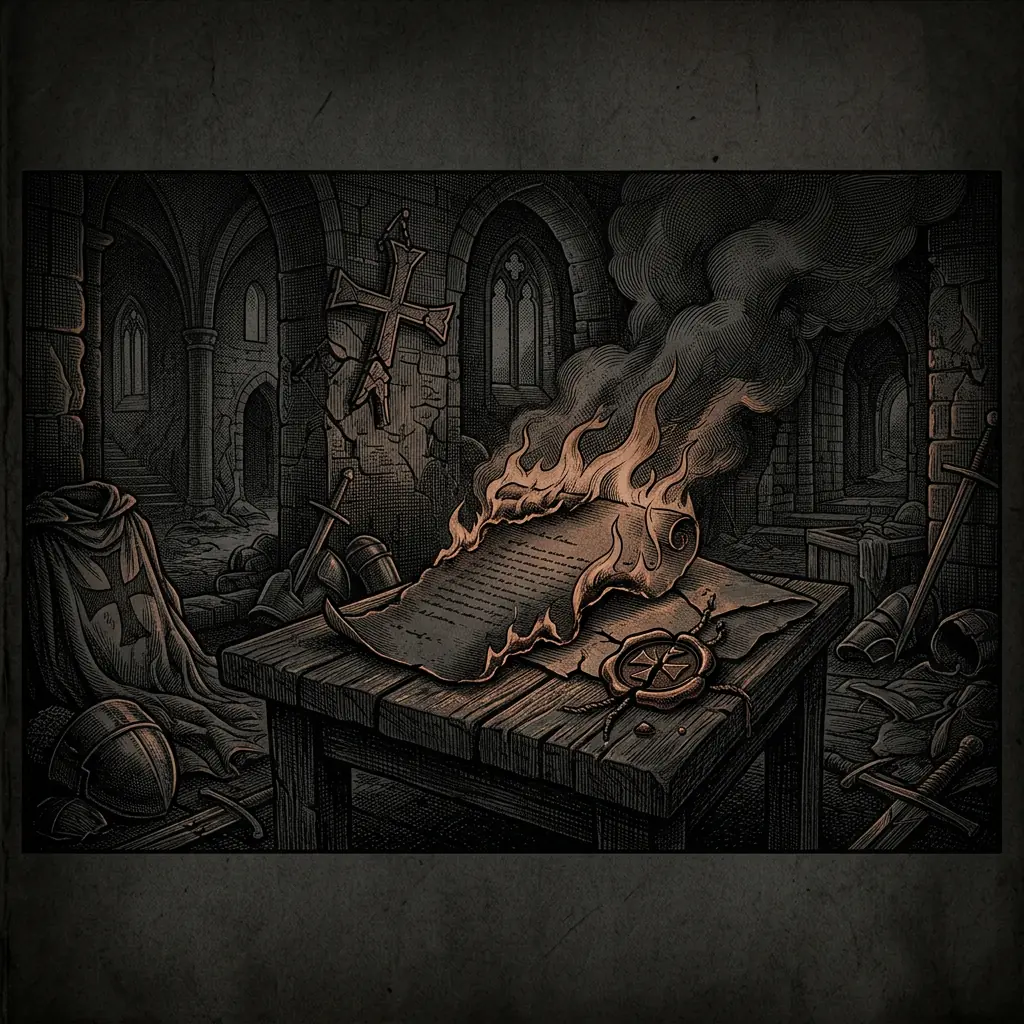 burning parchment letter and broken seal - Mystery Babylon episode 12 archival illustration