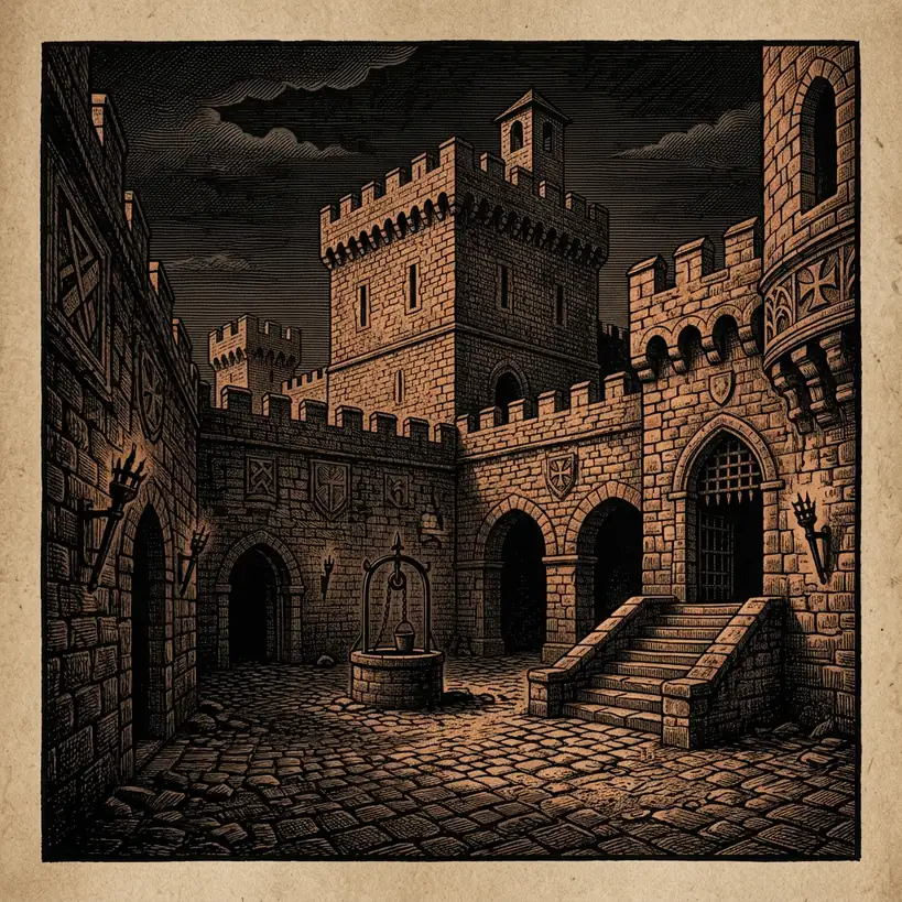 empty Templar castle courtyard at night — Mystery Babylon episode 12 archival illustration