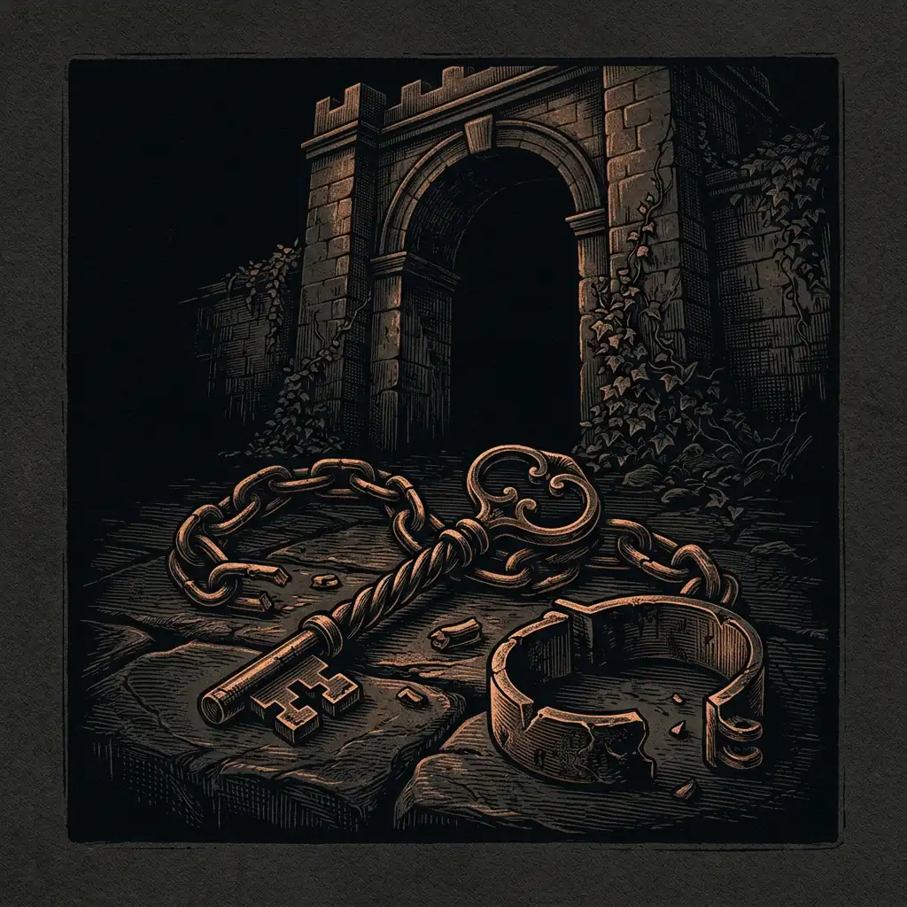 iron keys and chains on dark stone — Mystery Babylon episode 12 archival illustration
