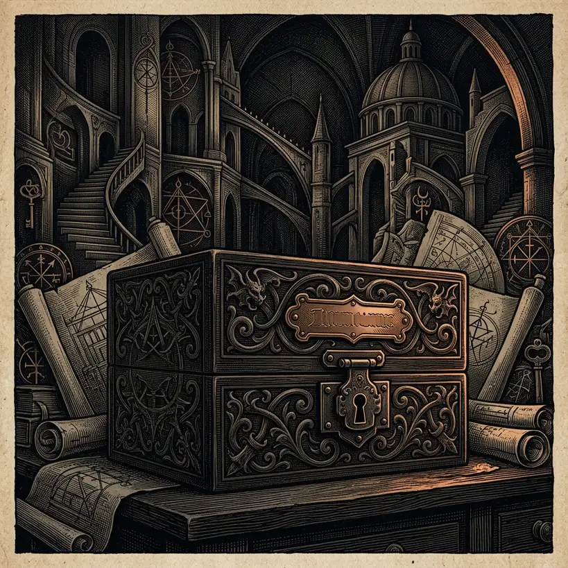 locked mahogany box with brass nameplate — Mystery Babylon episode 13 archival illustration