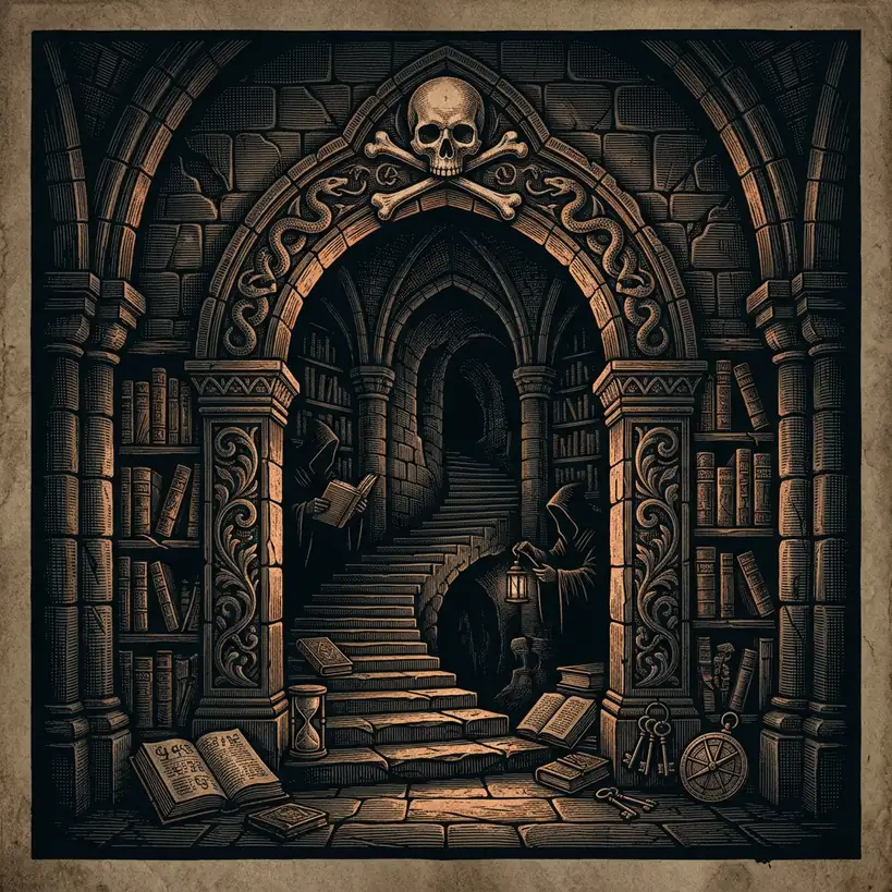 skull-and-bones symbol in antique engraving style — Mystery Babylon episode 13 archival illustration
