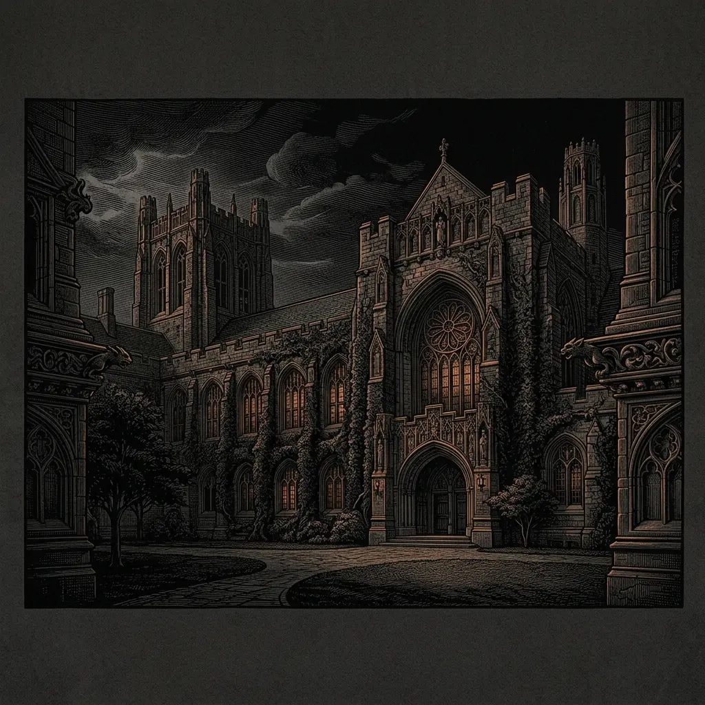 Yale University hall architecture at night - Mystery Babylon episode 13 archival illustration