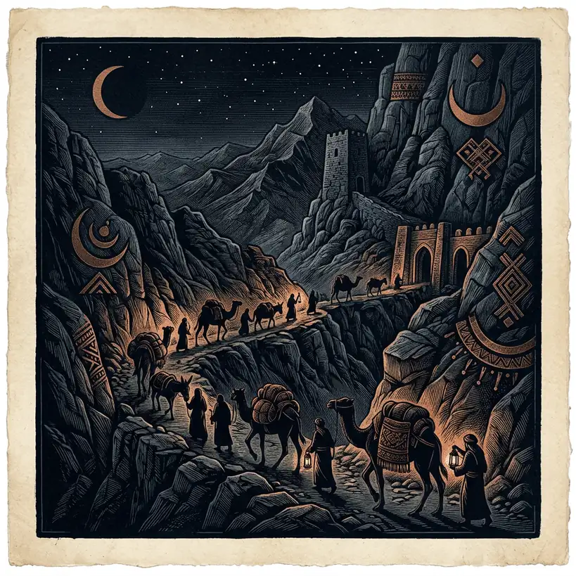 Afghan mountain pass at night — Mystery Babylon episode 14 archival illustration