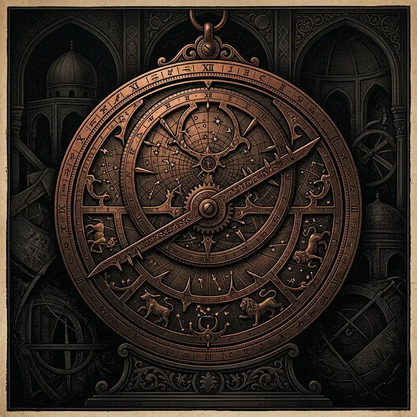 ancient Persian astronomical instrument — Mystery Babylon episode 14 archival illustration
